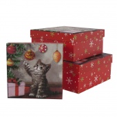 Набор коробок Новогодний котенок, Красный, с блестками, 20*20*9,5 см, 3 шт.