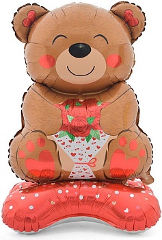 Шар 3D (39''/99 см) Фигура на подставке, Мишка с букетом, 1 шт. в уп.