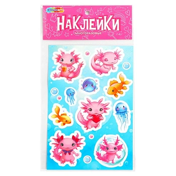 396967 Наклейки бумажные 12х18 см, аксолотль МУЛЬТИ АРТ в кор.500шт