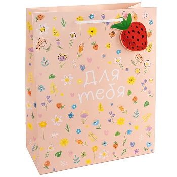 Пакет подарочный, 210гр, Для тебя (летние цветы), Розовый, Металлик, 32*26*12 см, 1 шт.