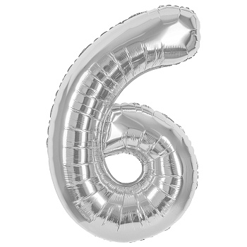 Шар (40''/102 см) Цифра, 6, Серебро, Металлик, 1 шт. в уп.
