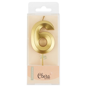 Свеча Цифра, 6 Грани, Золото, Металлик, 4,2*6 + 4,5 см, 1 шт. с держат.
