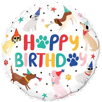Шар (18''/46 см) Круг, С Днем Рождения (собачки), 1 шт. в уп. (цв.этик.)