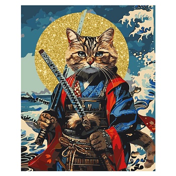 Картина по номерам на холсте с глиттером ТРИ СОВЫ "Кот-самурай", 40*50, с акриловыми красками и кист