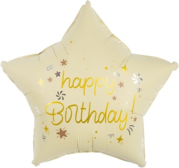 Шар (18''/46 см) Звезда, Happy Birthday (звездочки), Кремовый, Сатин, 1 шт. в уп.