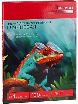 Пленка для ламинирования, глянцевая, 100шт., толщина 100 мкр, размер А4, 216*303 мм (ПЛЛ-2649)