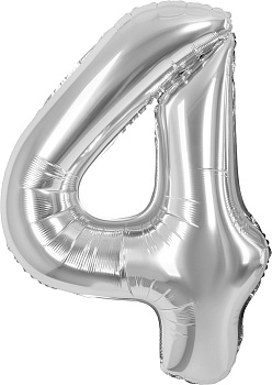 Шар (40''/102 см) Цифра, 4, Серебро, Металлик, 1 шт. в уп.