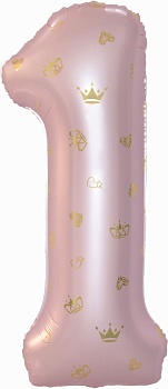 Шар (34''/86 см) Цифра, 1 Золотые короны, Розовый, 1 шт. в уп.
