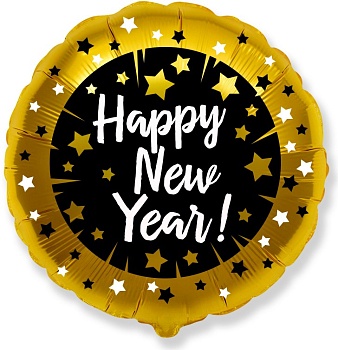 Шар (18''/46 см) Круг, Happy New Year (звезды), Черный/Золото, 1 шт.