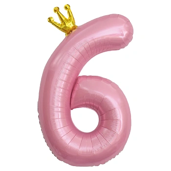 Шар (40''/102 см) Цифра, 6 Золотая корона, Розовый, 1 шт. в уп.