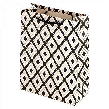 Пакет подарочный бумажный Alingar, (L+) 26х32х10 см,вертикальный, "Черно-белый паттерн", ламинация, 