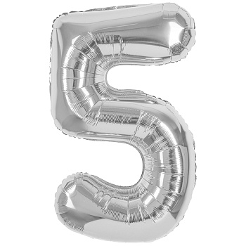 Шар (40''/102 см) Цифра, 5, Серебро, Металлик, 1 шт. в уп.