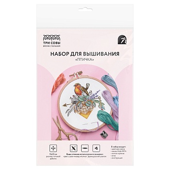 Набор для вышивания крестиком ТРИ СОВЫ "Птичка", 15*15см, пакет с европодвесом