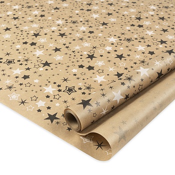 Упаковочная бумага, Крафт 40гр (0,72*10 м) Звезды, Белый/Графит, 1 шт.