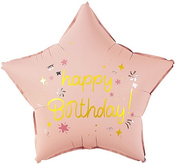 Шар (18''/46 см) Звезда, Happy Birthday (звездочки), Розовый, Сатин, 1 шт. в уп. (цв.этик.)