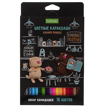 CS_091073 Карандаши цветные "ECO" 18 цв.-Кофейные коты- заточен. в карт. короб. с европодвесом