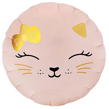 Шар (18''/46 см) Круг, Кошечка с бантом, Розовый, Сатин, 1 шт. в уп. (цв.этик.)